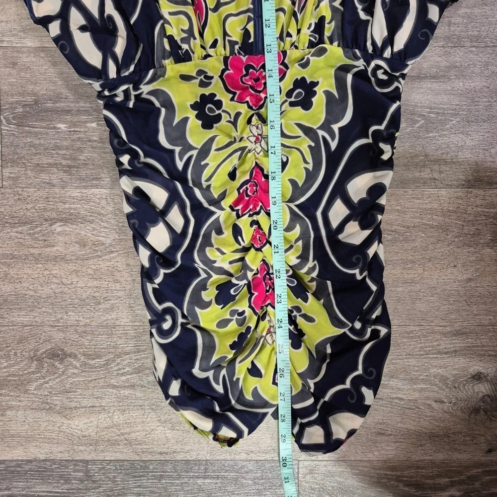 Hale Bob Floral Mesh Ruched V-Neck Dress Navy Pink Lime Womens Small